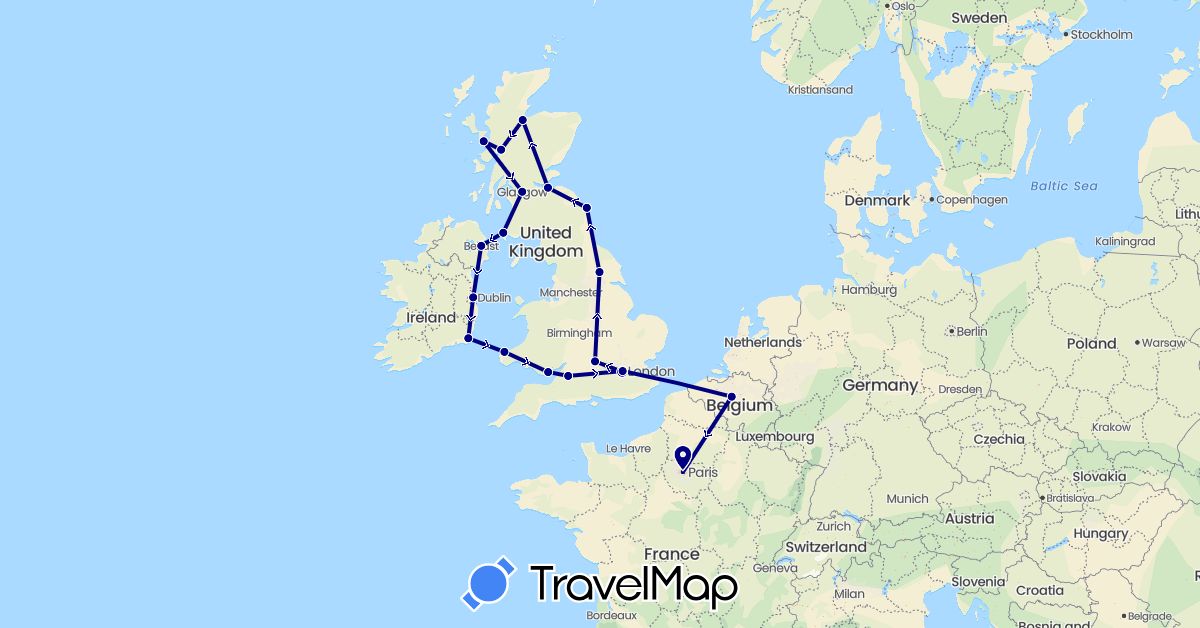 TravelMap itinerary: driving in Belgium, France, United Kingdom, Ireland (Europe)